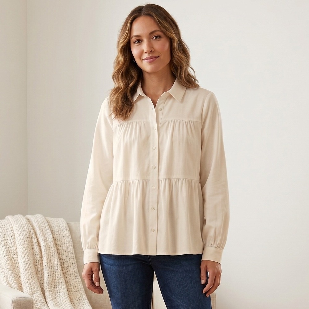 NWT Vero Moda Smock Blouse Womens XS White Tiered Button Front Viscose Top